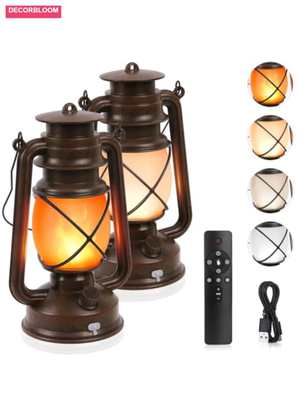 2 Pack Vintage Lantern Flickering Flame Rechargeable LED Camping Lights Remote